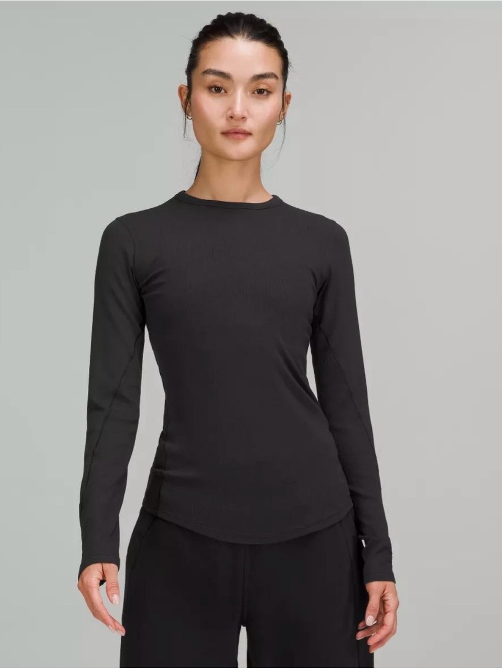 Lululemon Black Ribbed Long Sleeve Crew Neck Curved Hem Top XS